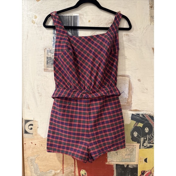 Vintage 1950s Romper 50s Red Plaid Cotton Belted Shorts Playsuit Pin Up Summer‎ - Picture 1 of 16